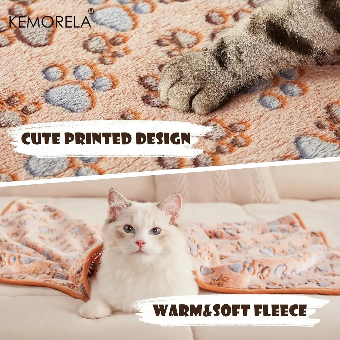 KEMORELA 3PCS Blankets Super Soft Fluffy Premium Fleece Pet Blanket Flannel Throw for Dog Puppy Cat Paw Brown Pink White
