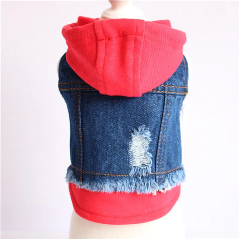 Pet Clothes Dog Jeans Jacket Layered Drawstring Hood Denim Jacket False Two Coat Clothing for Small Medium Dogs Cats Red/Black