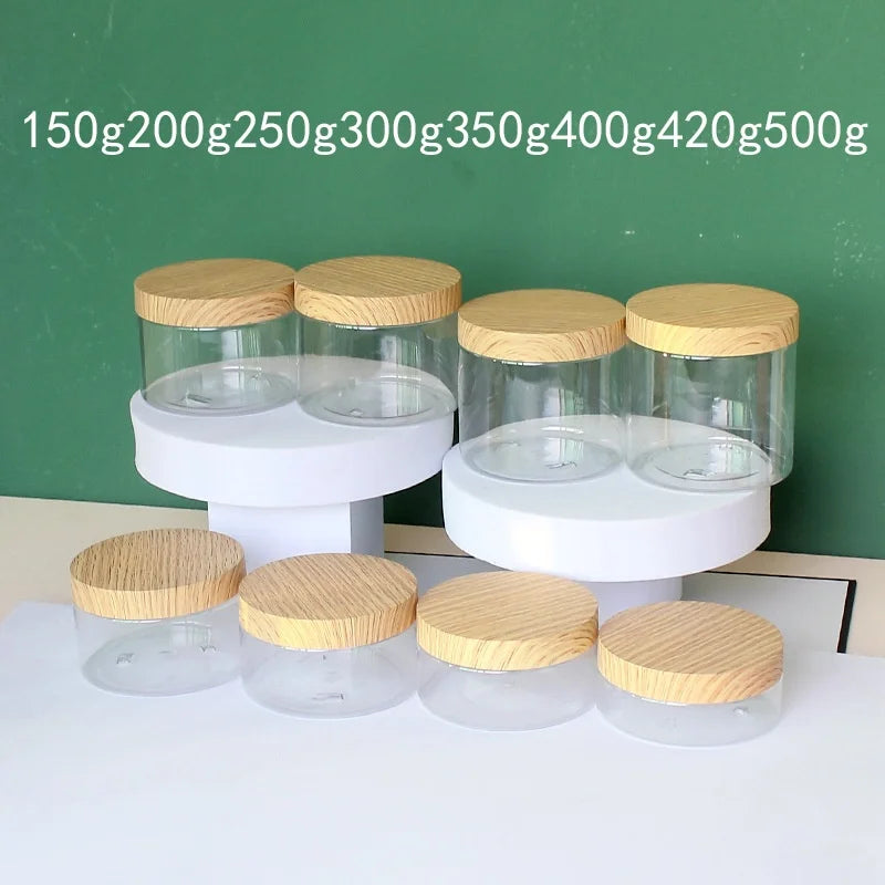20pcs/lot 200-500g 89R Empty PET Cream Jar Facial Mask/Hair Mask Makeup Container Cosmetic Bottle With Imitation Wood Lid