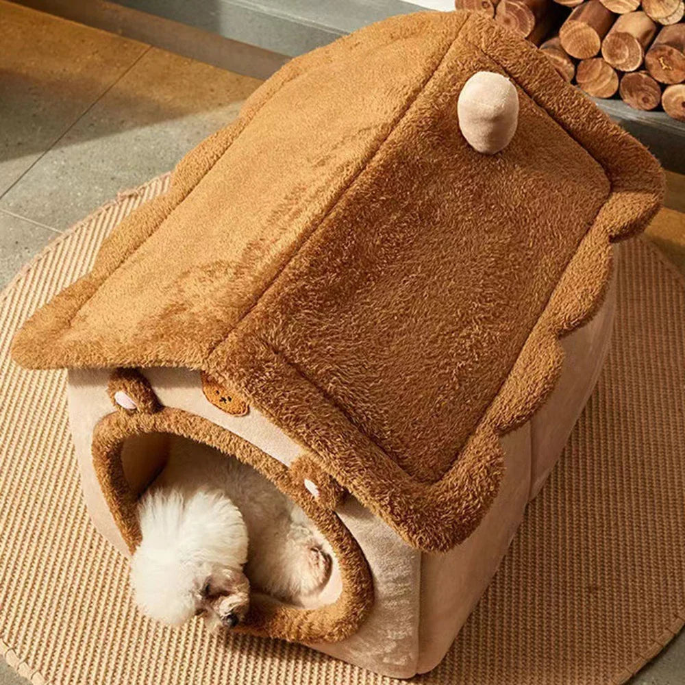1PC Four Season Universal Enclosed Pet Bed,Brown Teddy Bear Style Bed Suitable for Small Medium Large Pets Ind