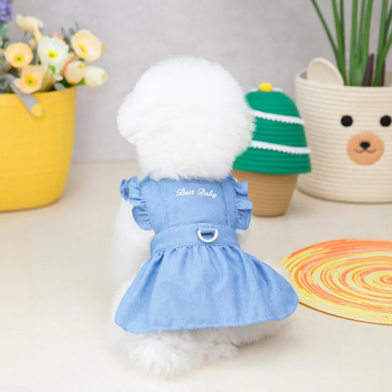 Thin Style Pet Dog Dress Letters Embroidered Jean Clothes for Small Dogs Puppy Cat Harness Vest Girl Dog Summer Skirts Yorkies