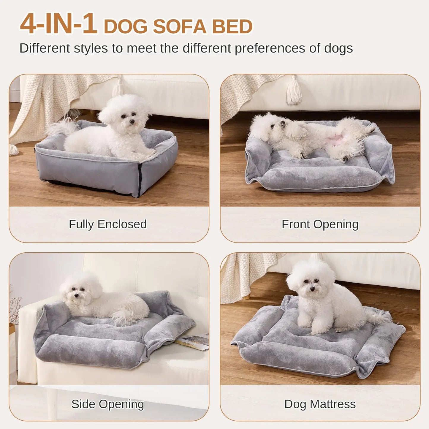 4-in-1 Transformable Pet Bed - Flannel Sofa & Mattress for Small/Medium/Large Dogs & Cats, Washable Grey