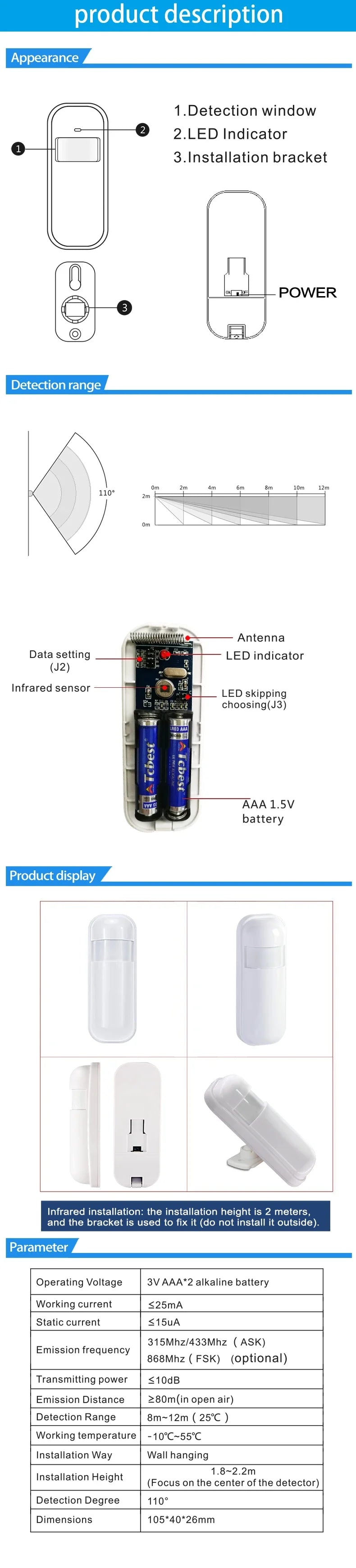 433MHz eV1527  Wireless PIR Infrared Motion Sensor for GSM WiFi Home Alarm System PIR Motion Sensor Detector