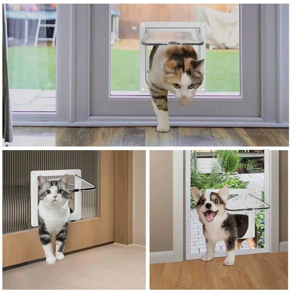 Magnetic 4-Way Lock Cat Flap Door for Interior & Exterior Doors Windows ABS Plastic Pet Gate Safety Entry/Exit for Cats & Dogs
