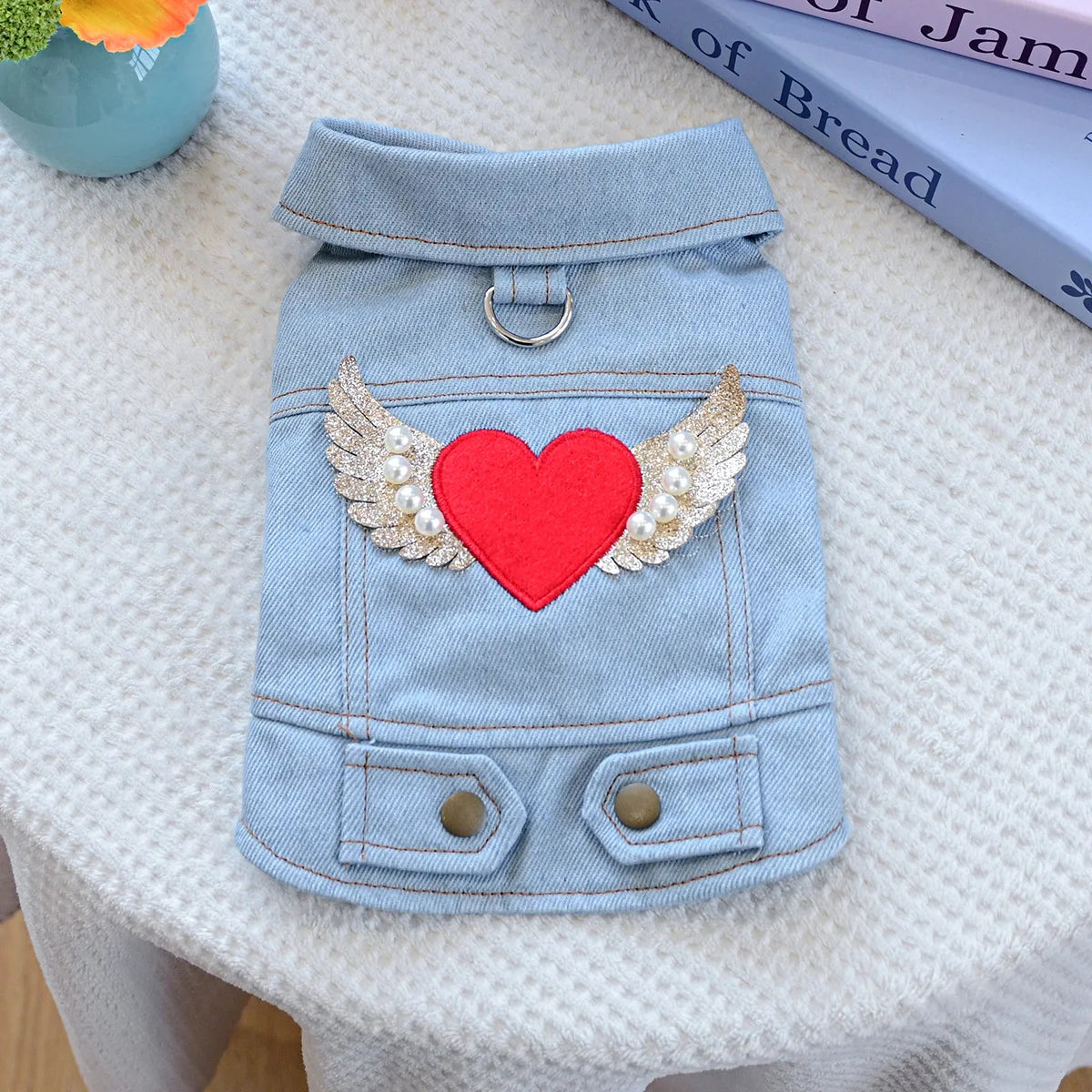 New Heart Wings Design Dog Denim Jacket with Pearl Pet Vest Cool Clothes Durable Jeans Coat for Small Medium Dogs