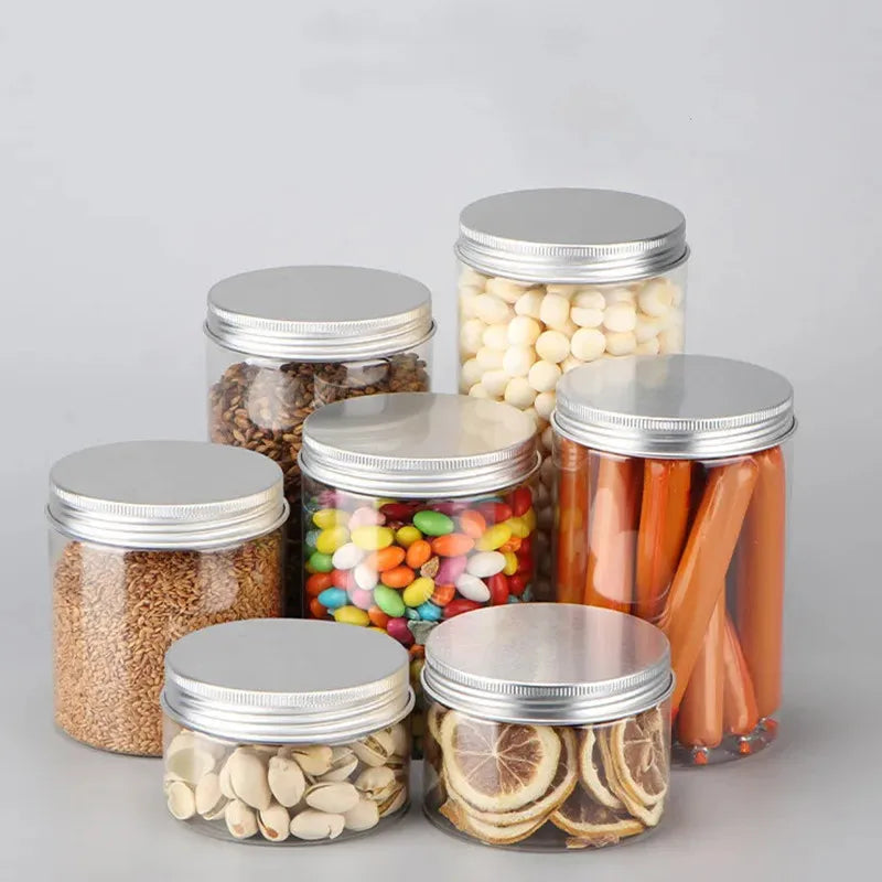 Wholesale 10/30/50pcs Empty Plastic Clear Cosmetic Jars PET Food Jar Makeup Container With Silver aluminum lid Seal Food Cans
