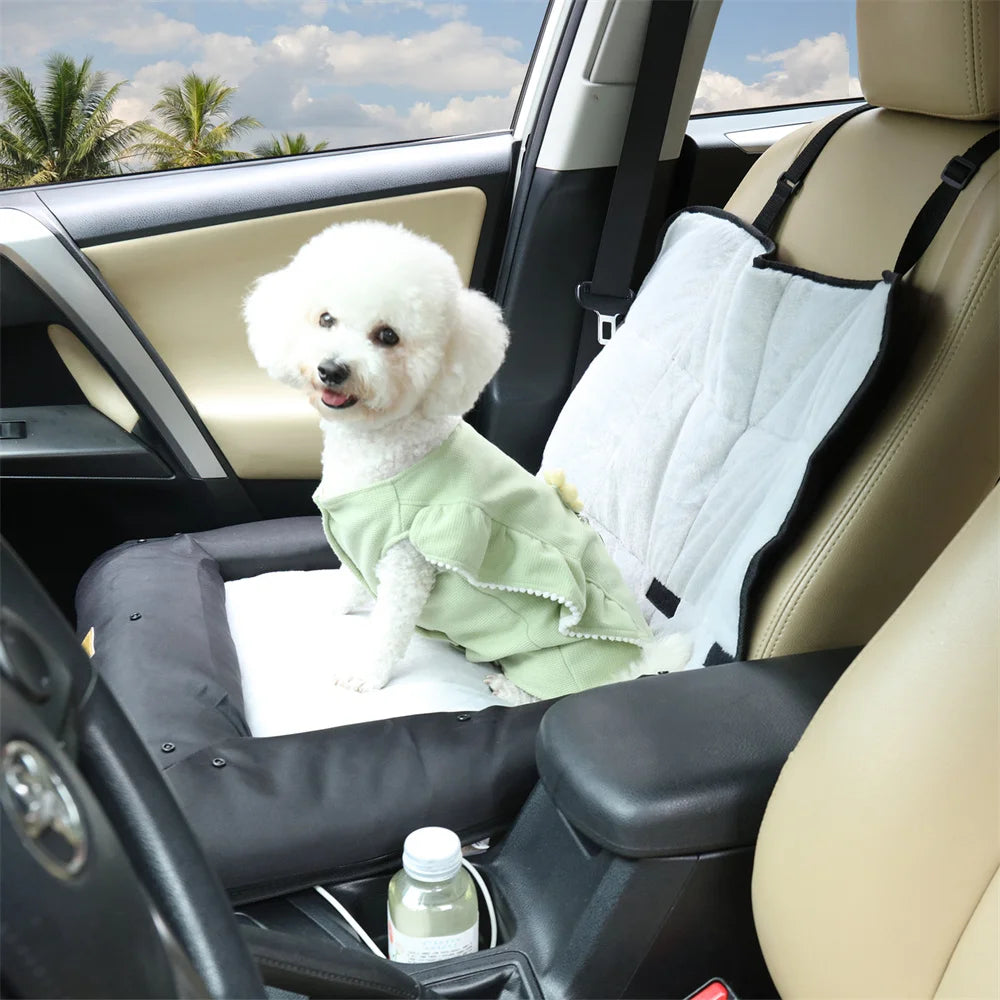 Portable Dog Car Seat Bed Pet Booster Car Seat Travel Carrier Seat with Clip-on Safety Belt Waterproof Basket Protector Cushion