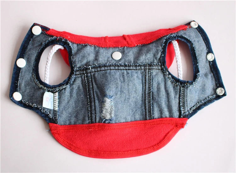Pet Clothes Dog Jeans Jacket Layered Drawstring Hood Denim Jacket False Two Coat Clothing for Small Medium Dogs Cats Red/Black