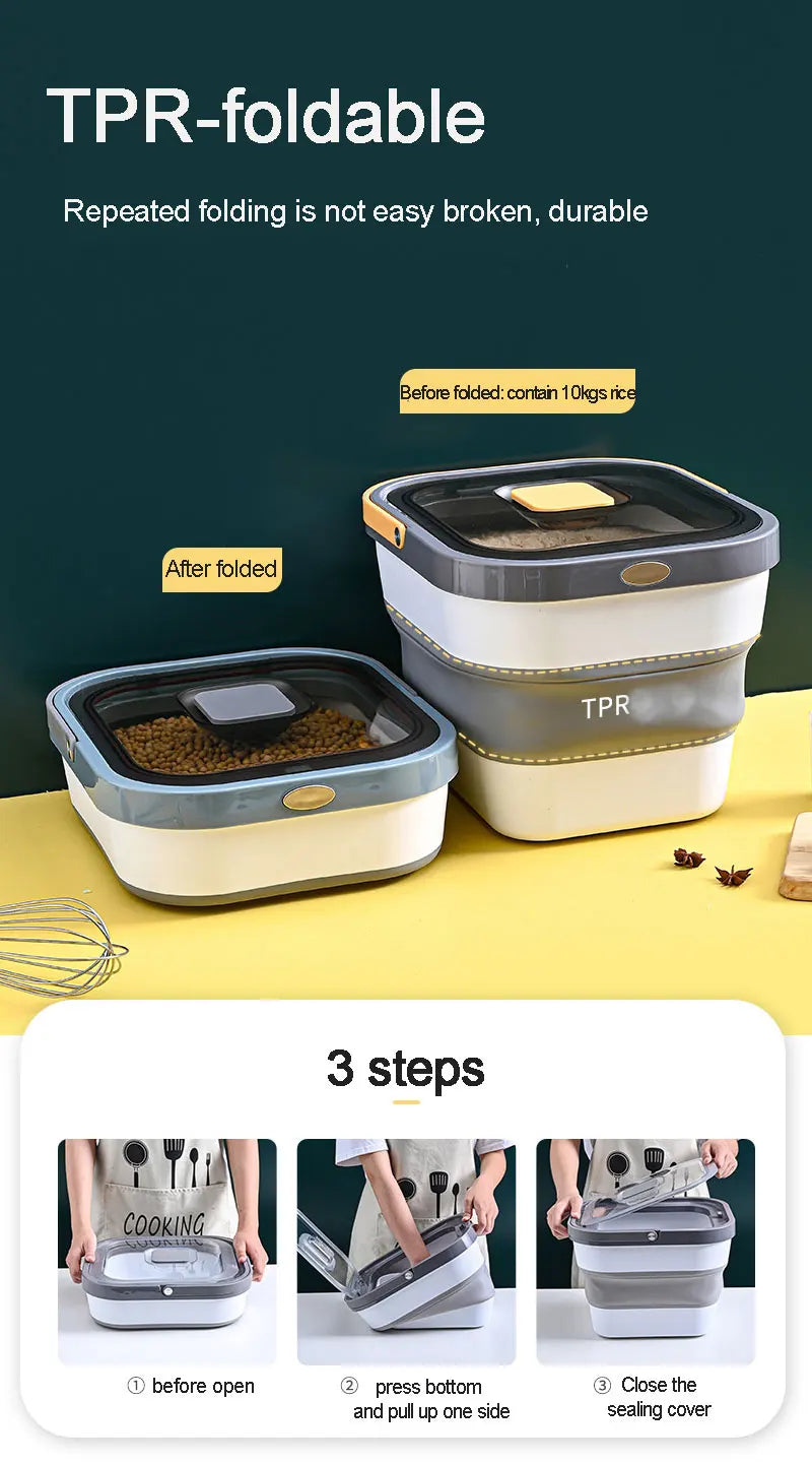 Plastic Sealable Kitchen Dog Food Storage Dispenser Collapsible Fold Airtight Rice Container with Lid Locking