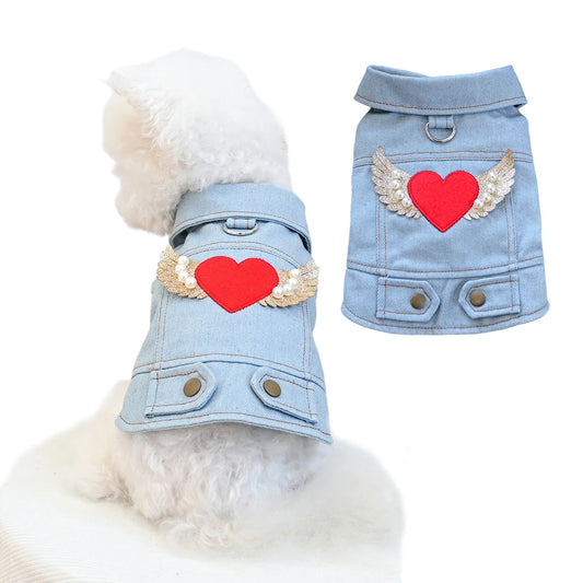 New Heart Wings Design Dog Denim Jacket with Pearl Pet Vest Cool Clothes Durable Jeans Coat for Small Medium Dogs