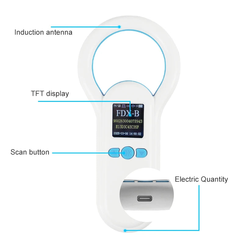 Handheld 134.2KHz 125kHz Animal RFID Reader Pet Cat Dog Microchip Scanner FDX-B Glass Chip USB/Bluetooth Tag Reader