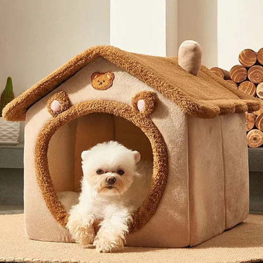1PC Four Season Universal Enclosed Pet Bed,Brown Teddy Bear Style Bed Suitable for Small Medium Large Pets Ind