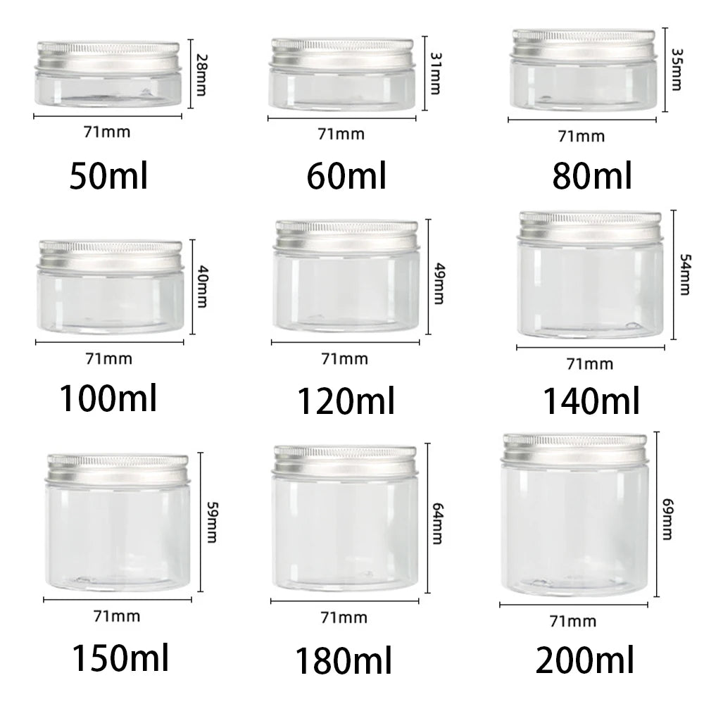 10/30pcs 50ml 100ml 150ml 250ml Empty Cosmetic Cream Jar with Aluminum Lid Clear Plastic Storage Container PET Makeup Pot Travel