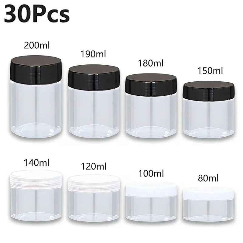 30Pcs 80-200ml Plastic Clear Jars With Screw Lid PET Round Eye Cream Containers Refillable Makeup Bottles Travel Accessories