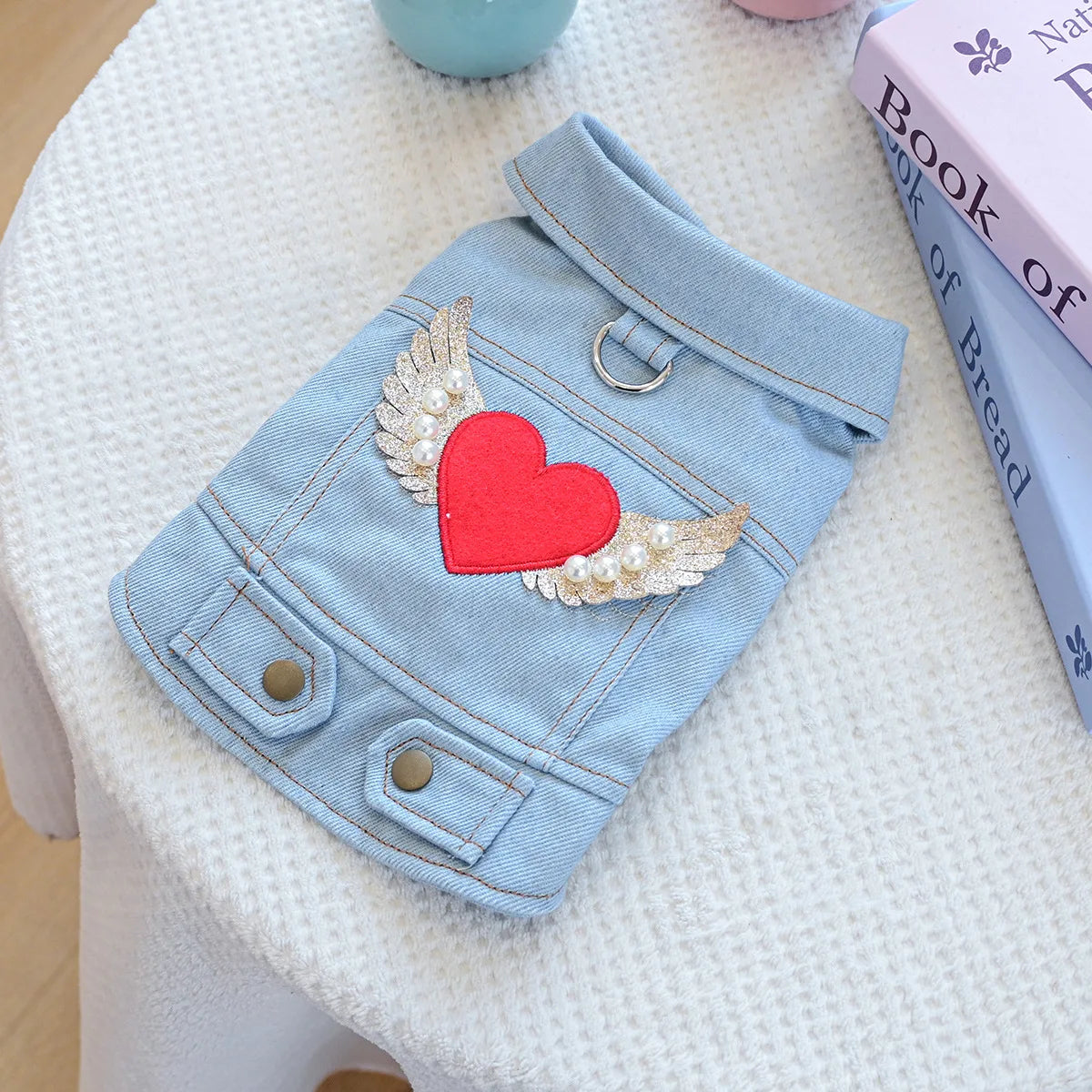 New Heart Wings Design Dog Denim Jacket with Pearl Pet Vest Cool Clothes Durable Jeans Coat for Small Medium Dogs