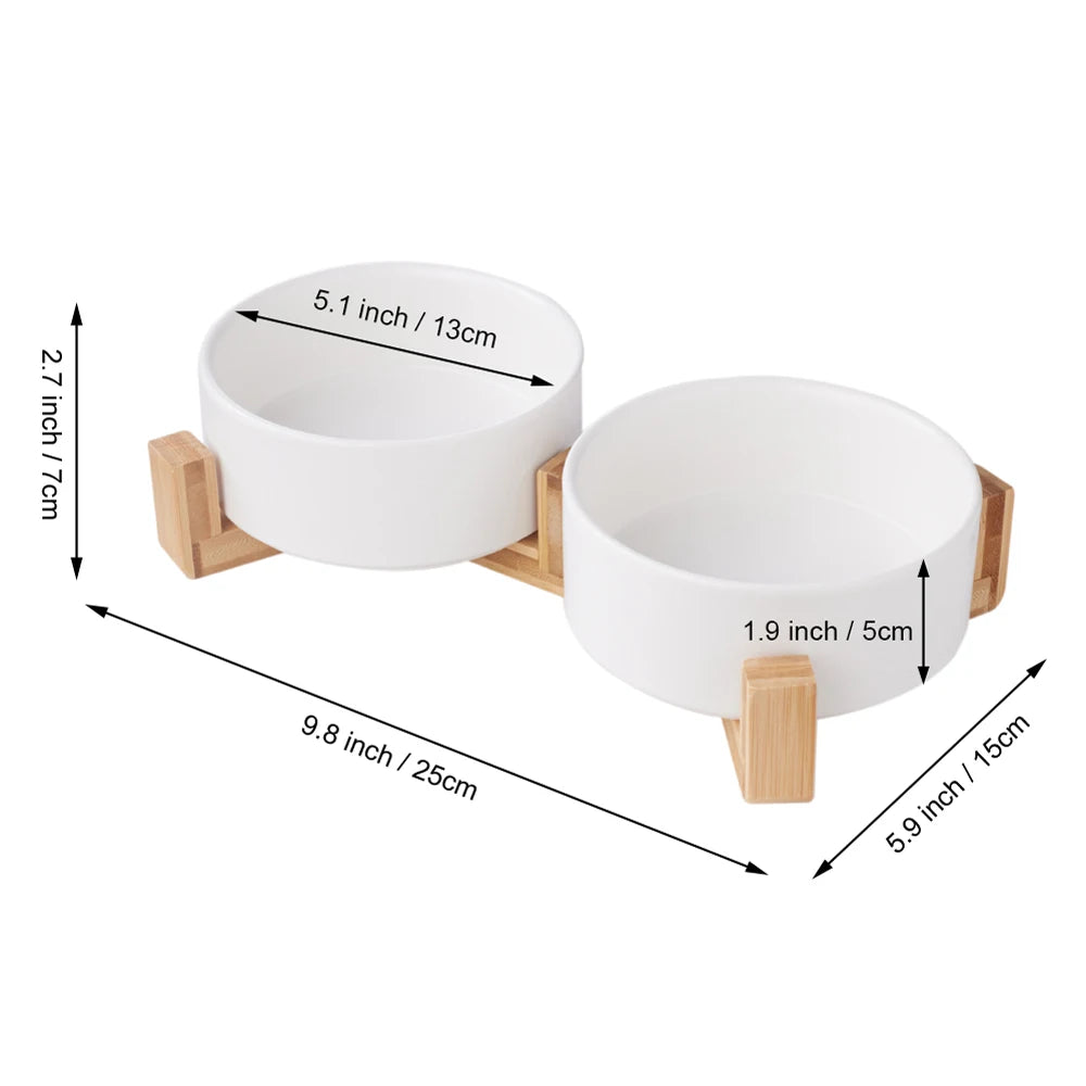 Voltsify Bamboo Double Ceramic Bowls Pet feeder with Wooden Stand