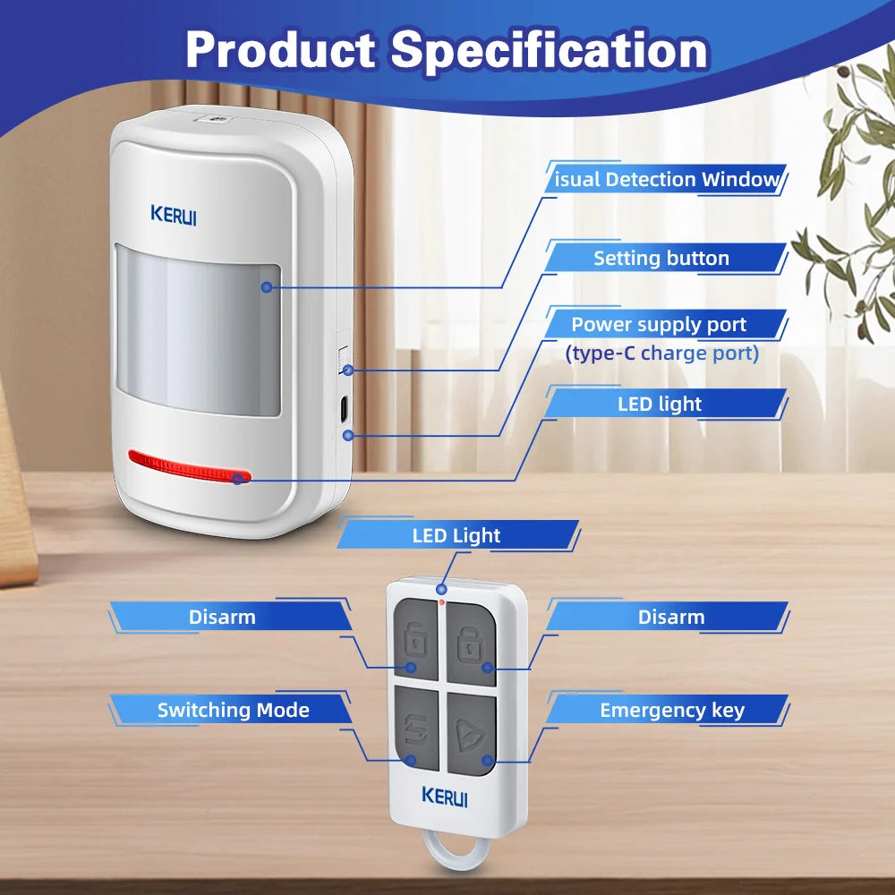 KERUI 433MHz Infrared Motion Sensor Detector Alarm/Doorbell Two Modes Wireless PIR Motion Alarm with Remote SOS for Home Elders
