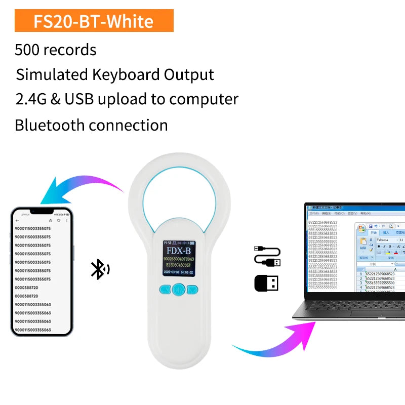 Handheld 134.2KHz 125kHz Animal RFID Reader Pet Cat Dog Microchip Scanner FDX-B Glass Chip USB/Bluetooth Tag Reader