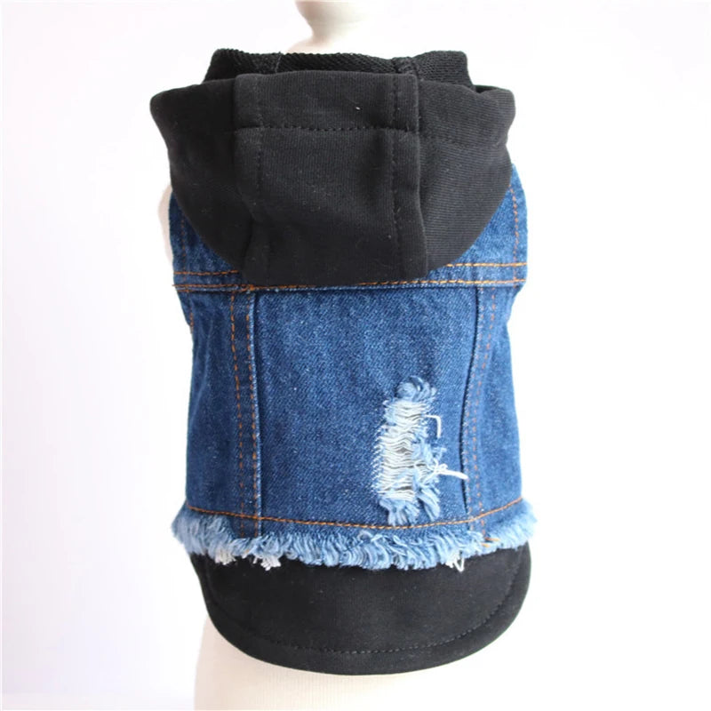Pet Clothes Dog Jeans Jacket Layered Drawstring Hood Denim Jacket False Two Coat Clothing for Small Medium Dogs Cats Red/Black