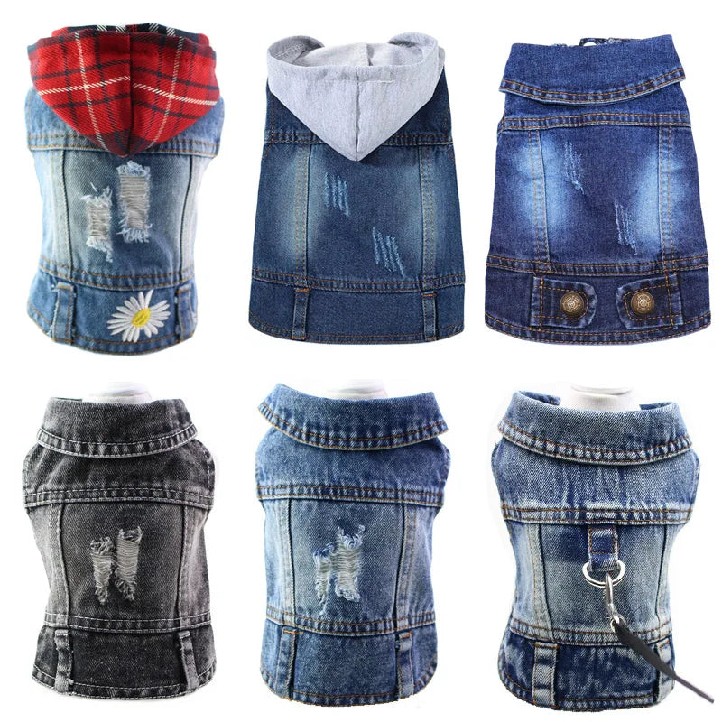 Pet Clothes for Small Medium Dogs Cool Dog Denim Jacket Puppy Sleeveless Dark Washed Jeans Costume Spring Lapel Pet Coat