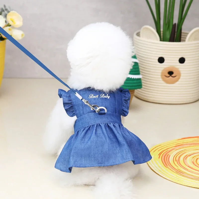 Thin Style Pet Dog Dress Letters Embroidered Jean Clothes for Small Dogs Puppy Cat Harness Vest Girl Dog Summer Skirts Yorkies