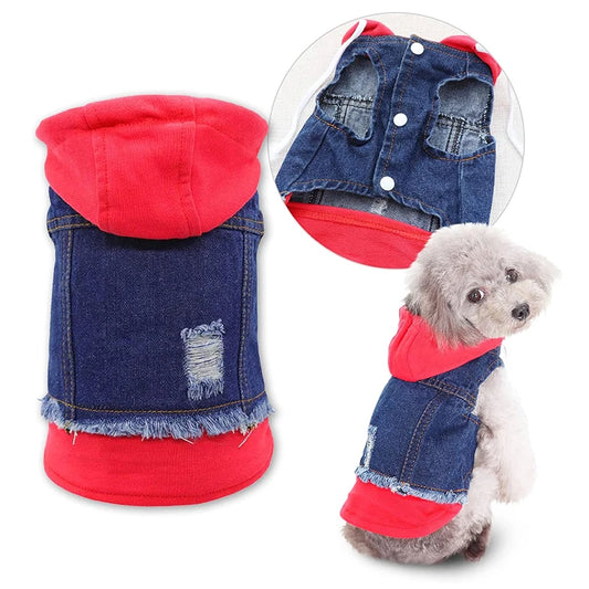 Pet Clothes Dog Jeans Jacket Layered Drawstring Hood Denim Jacket False Two Coat Clothing for Small Medium Dogs Cats Red/Black