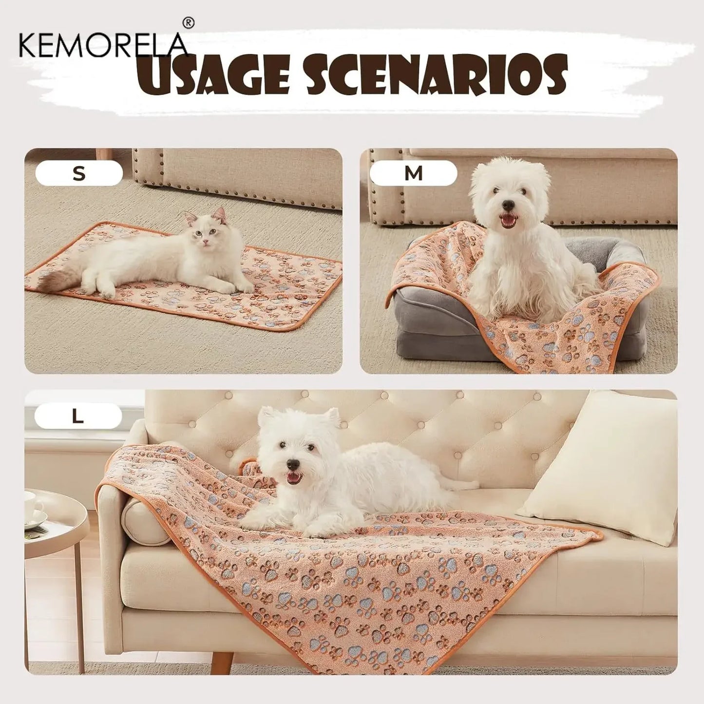 KEMORELA 3PCS Blankets Super Soft Fluffy Premium Fleece Pet Blanket Flannel Throw for Dog Puppy Cat Paw Brown Pink White