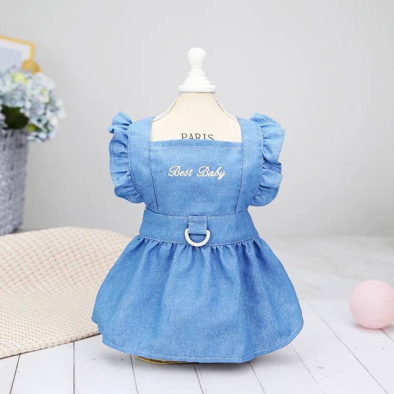 Thin Style Pet Dog Dress Letters Embroidered Jean Clothes for Small Dogs Puppy Cat Harness Vest Girl Dog Summer Skirts Yorkies